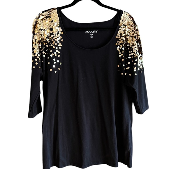 Romans Tops - Romans Three Quarter Sleeve Gold Sequin Embellished Tunic 30" Length Cotton/Poly